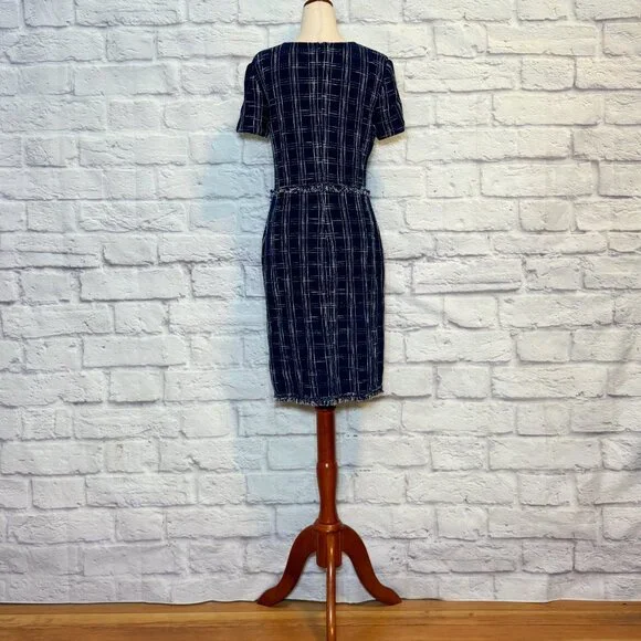 St. John Navy Blue & White Wool Blend Knit Plaid Sheath Dress - Picture 2 of 6